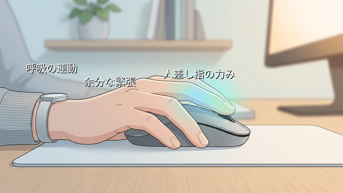 マウス操作で指先がこわばる人が座りながら試す人差し指の力みと呼吸のセルフ観察法